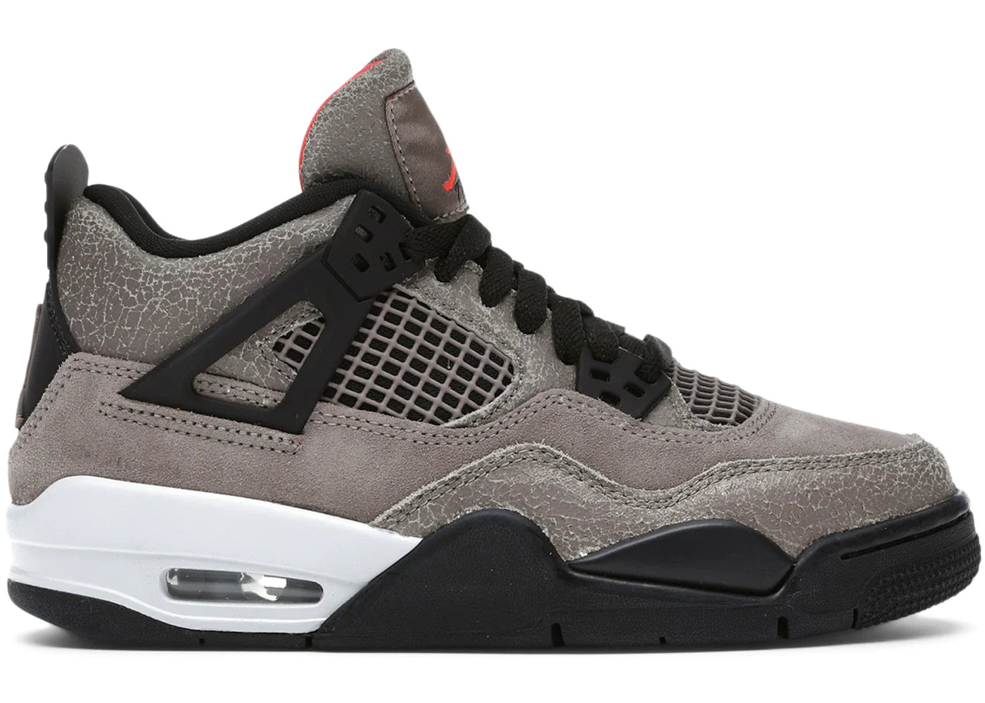 Jordan 4 Retro Taupe Haze sneaker side view with black and white sole