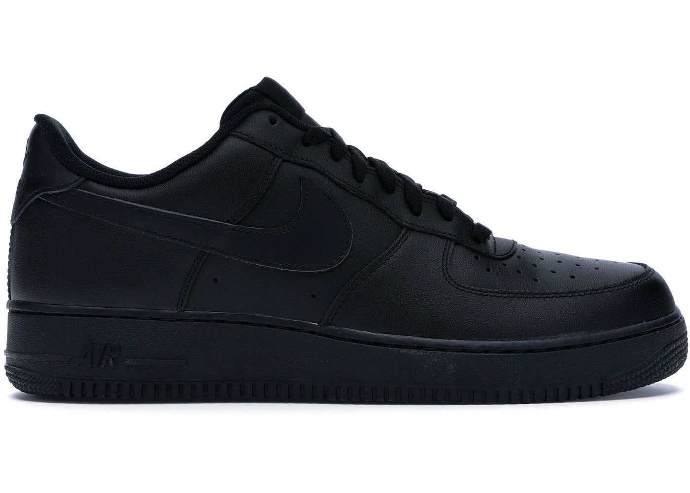 Black Air Force 1 Low sneaker side view with laces and Nike swoosh logo