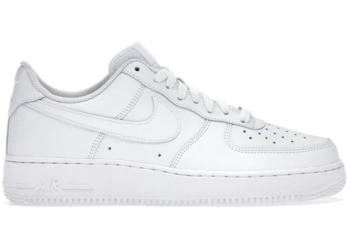 Side view of white AIR FORCE 1 LOW sneaker with low-cut silhouette and minimalist design.