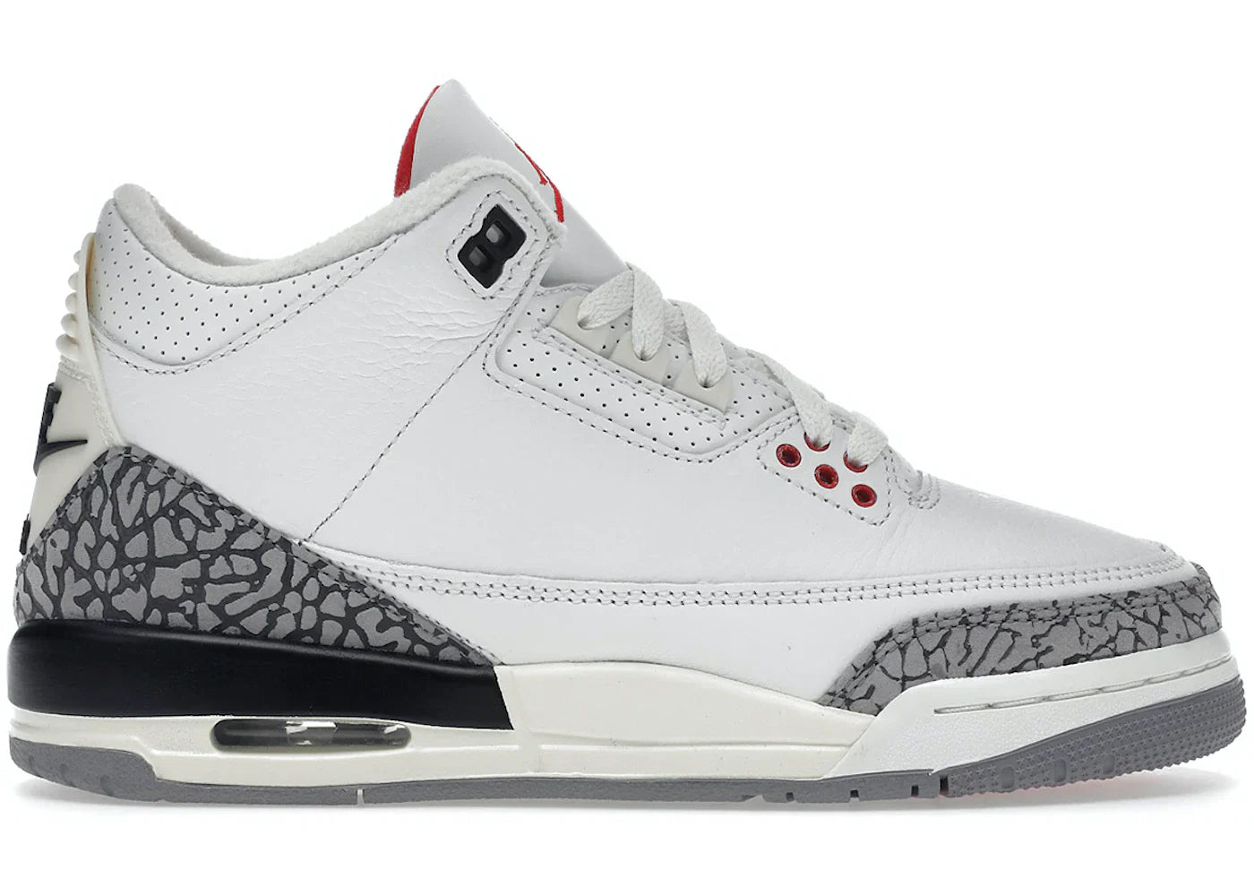 Jordan 3 Retro White Cement Reimagined GS sneaker with white leather and cement grey accents