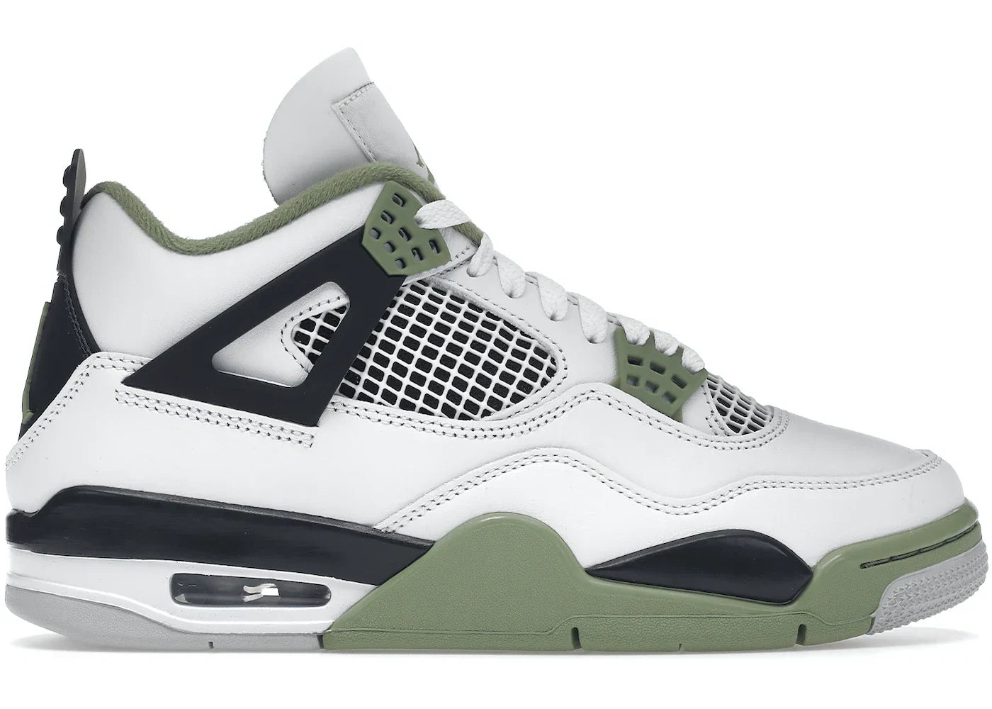 Jordan 4 Retro Seafoam women's sneaker in white and seafoam green with black accents and retro design details